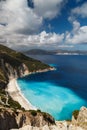 A top view at Myrtos Beach and fantastic turquoise and blue Ionian Sea water. Aerial view, summer scenery of famous and Royalty Free Stock Photo