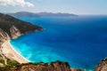 A top view at Myrtos Beach and fantastic turquoise and blue Ionian Sea water. Aerial view, summer scenery of famous and Royalty Free Stock Photo