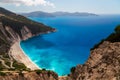 A top view at Myrtos Beach and fantastic turquoise and blue Ionian Sea water. Aerial view, summer scenery of famous and Royalty Free Stock Photo