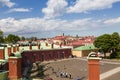 Top view of the Naryshkin Bastion of the Peter and Paul fortress on Zayachy hare island with two howitzers and an anti-aircraft