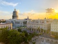 Top view of National Capitol Building and the central park on sunset in the old Havana. Cuba Royalty Free Stock Photo