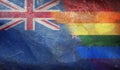 Top view of national lgbt retro flag of New Zealand with grunge texture, no flagpole. Plane design, layout. Flag background.