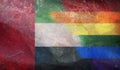 Top view of national lgbt retro flag of United Arab Emirates with grunge texture, no flagpole. Plane design, layout. Flag