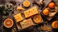 top view of natural handmade soap with orange slices on wooden board, flat lay background