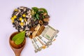 Top view of natural medicines, money, wooden spoon and different spices with green leaves on white background. Heart and cardio