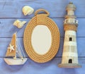 Top view nautical concept with nautical life style objects. vintage filtered Royalty Free Stock Photo