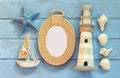 Top view nautical concept with nautical life style objects. vintage filtered Royalty Free Stock Photo