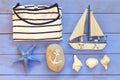 Top view nautical concept with nautical life style objects. vintage filtered Royalty Free Stock Photo