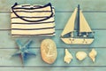 Top view nautical concept with nautical life style objects. vintage filtered and toned Royalty Free Stock Photo