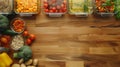 Top view of a neatly organized meal preparation setup with a variety of fresh ingredients and grains laid out on a wooden table Royalty Free Stock Photo