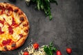 Top view on neapolitan fresh baked pepperoni pizza