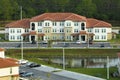 Top view of new apartment condos in Florida suburban area. Family housing in quiet neighborhood. Real estate development