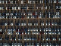 Top view of new cars in a parking lot ready for export or import Royalty Free Stock Photo