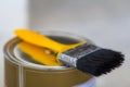 Top view of new shiny clean sealed tin full of red paint and painting brush on it, isolated on white. Tools, materials, building Royalty Free Stock Photo