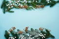 Top view on new year composition on light blue background with colorful decoration ornaments things. Concept of winter, christmas Royalty Free Stock Photo