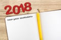 Top view of 2018 new year resolution with blank open notebook an Royalty Free Stock Photo