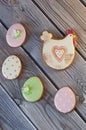 Top view on nice Easter gingerbread cookies in shape of hen and eggs