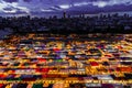 Top view of a night market Ratchada in Thailand with plenty of shops with colorful canvas roofs