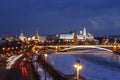 Top view of night wintry Moscow, the Kremlin, Big Stone bridge and Prechistenskaya embankment and Moscow river Royalty Free Stock Photo