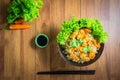 Top view Noodle chicken nuggets page on the table.