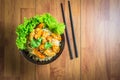 Top view Noodle chicken nuggets page on the table.