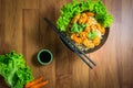 Top view Noodle chicken nuggets page on the table.