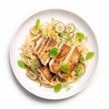 Delicious Noodles Dish With Roasted Pollock Steak And Artichoke