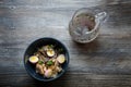 Top view noodles with shiitake mushrooms, eggs, wheat sprout