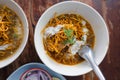 Northern style curry noodle soup with pork, Thai khao soi recipe Royalty Free Stock Photo