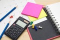 Top view notebook ,calculator,pencil,post it note and calendar p