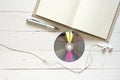 top view of notebook dvd disc and earphone Royalty Free Stock Photo