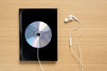 top view of notebook and dvd dish with earphone Royalty Free Stock Photo