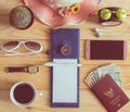 Top view of notebook, pen, sunglasses, coffee cup, passport, mon