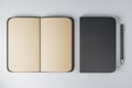 Top view on notebooks with black cover and blank beige pages and black pen near on light backdrop. 3D rendering