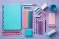 Top view of notebooks, pens, color pencils, marker and watercolor School stationery Royalty Free Stock Photo
