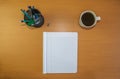 Top view notepad in workspace of creative or writer