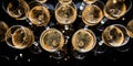 Top view of numerous champagne glasses. AI generative