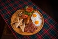 Top-view of delicious full Irish breakfast with sausages, bacon, fried eggs, toasts, and beans Royalty Free Stock Photo