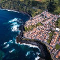 Top view the ocean surf on reefs coast in Maia city of San Miguel island, Azores