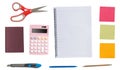 Top view of Office accessories ,scissors ,calculator ,multiculor sticky note cutter , yellow pencil ,and note book isolated on Royalty Free Stock Photo