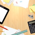 Top view on office desk with business and office supplies Royalty Free Stock Photo