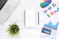 Top view office desk with laptop, mock up notebooks and plant on white wooden background. Royalty Free Stock Photo