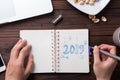 Top view office desk mockup: laptop, notebook, smartphone. New year 2017 resolution Royalty Free Stock Photo