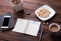 Top view office desk mockup: laptop, notebook, smartphone. New year 2017 resolution Royalty Free Stock Photo