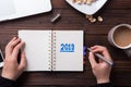 Top view office desk mockup: laptop, notebook, smartphone. New year 2017 resolution Royalty Free Stock Photo