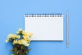 Top view office desk with open mock up notebooks and pencil and plant on blue pastel color background. Royalty Free Stock Photo