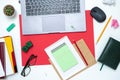 Top view of office desk with paper, stationery and tablet computer Royalty Free Stock Photo