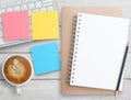 Top view office desk with pink and yellow sticky note Royalty Free Stock Photo