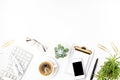 Top view of office desk. Table with keyboard, clipboard and office supplies. Flat lay home office workspace, remote work, distant