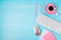 Top view of office desk. Table with keyboard, smartphone, clipboard and office supplies. Flat lay home office workspace, remote Royalty Free Stock Photo